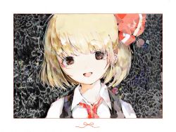 Rule 34 | 1girl, black background, black vest, blonde hair, hair ornament, highres, looking at viewer, open mouth, portrait, red neckwear, red ribbon, ribbon, rumia, shirt, short hair, smile, solo, touhou, tsukamoto anabone, upper body, vest, white shirt