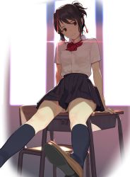 Rule 34 | 1girl, :d, black hair, black socks, bow, bowtie, brown eyes, commentary request, desk, kimi no na wa., kneehighs, loafers, looking at viewer, mibu natsuki, miyamizu mitsuha, on desk, open mouth, pleated skirt, school uniform, shoe soles, shoes, sitting, on desk, skirt, smile, socks, solo