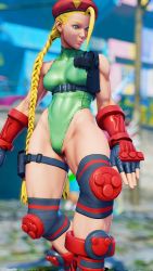 Rule 34 | 1girl, 3d, absurdres, antenna hair, bare shoulders, blonde hair, blue eyes, braid, breasts, cammy white, clenched hand, covered navel, curvy, full body, gloves, green leotard, hat, highleg, highleg leotard, highres, leotard, lips, long hair, looking to the side, medium breasts, red gloves, red hat, ryona, screencap, shiny clothes, solo, street fighter, street fighter v, thighs, third-party edit, thong leotard, twin braids, very long hair, wide hips