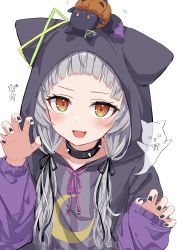 Rule 34 | 1girl, absurdres, animal, animal hood, animal on head, black bow, black nails, blush, bow, brooch, collar, ghost, hair ornament, hexagram hair ornament, highres, hololive, hood, jewelry, long hair, long sleeves, looking at viewer, low twintails, mei am0, murasaki shion, nail polish, on head, open mouth, pumpkin, simple background, smile, solo, star brooch, twintails, virtual youtuber, white background, white hair, yellow eyes