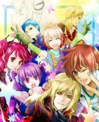 Rule 34 | 3girls, 5boys, asbel lhant, blonde hair, blue eyes, blue hair, brothers, brown eyes, brown hair, cheria barnes, glasses, highres, hubert ozwell, lambda, lambda (tales), malik caesars, multicolored hair, multiple boys, multiple girls, one eye closed, pascal (tales), pink hair, purple eyes, purple hair, red hair, richard (tales), siblings, sophie (tales), takamizawa takumi, tales of (series), tales of graces, twintails, two-tone hair, two side up, v, white hair, wink, yellow eyes