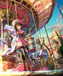 Rule 34 | 1girl, black thighhighs, brown eyes, brown hair, carousel, cloud, day, fuzichoco, garter belt, garter straps, highres, horse, mole, mole under eye, original, outdoors, sky, solo, striped, thighhighs, tower, twintails, vertical stripes