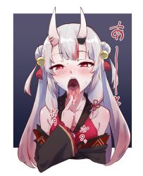 Rule 34 | 1girl, bare shoulders, bell, blush, hair bell, hair ornament, hololive, horns, looking at viewer, mm (mm chair), nakiri ayame, nakiri ayame (1st costume), open mouth, oral invitation, saliva, simple background, solo, tagme, tongue, tongue out, upper body, uvula, virtual youtuber