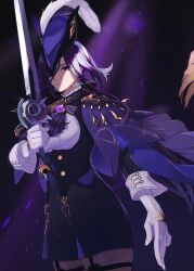 Rule 34 | 1girl, biwa3333, black skirt, cape, clorinde (genshin impact), commentary request, cowboy shot, genshin impact, gloves, hat, hat feather, highres, holding, holding sword, holding weapon, long sleeves, miniskirt, pantyhose, purple cape, purple eyes, purple hair, shirt, skirt, standing, sword, thigh strap, tricorne, weapon, white gloves, white shirt