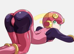 Rule 34 | 1girl, android, artist request, ass, bodysuit, boots, cameltoe, capcom, flat chest, gloves, green eyes, helmet, looking at viewer, looking back, mega man (series), mega man battle network, roll.exe (mega man), shiny clothes, skin tight, solo, thigh boots, thighhighs, top-down bottom-up, turtleneck