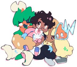 Rule 34 | animal nose, black hair, black pants, blush stickers, brown eyes, brown hair, commentary, commission, creature, creatures (company), decidueye, english commentary, frightfest, game freak, gen 4 pokemon, gen 6 pokemon, gen 7 pokemon, glasses, holding, holding pokemon, crossed legs, looking at viewer, lopunny, nintendo, on lap, one eye closed, original, pants, pokemon, pokemon (creature), pokemon on lap, rotom, rotom (normal), sitting, smile, sylveon, transparent background