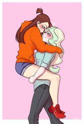 Rule 34 | 2girls, alternate costume, blonde hair, blush, carrying, collared shirt, couple, diana cavendish, eye contact, heart, highres, hug, imminent kiss, kagari atsuko, legs, little witch academia, long hair, looking at another, multiple girls, no socks, orange sweater, pants, pink background, shirt, shoes, short shorts, shorts, simple background, slimegummie, sneakers, sweater, thighs, wavy hair, yuri