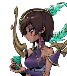 Rule 34 | 1girl, bare shoulders, breasts, brown hair, cup, detached sleeves, dress, from side, hair ornament, holding, holding cup, karma (league of legends), large breasts, league of legends, phantom ix row, profile, purple dress, short hair, solo