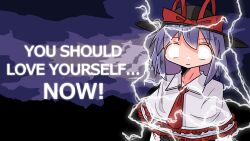Rule 34 | 1girl, black hat, blank eyes, capelet, closed mouth, cloud, cloudy sky, english text, frilled capelet, frills, hat, highres, kasuya baian, lightning, meme, nagae iku, necktie, purple hair, red necktie, sky, solo, touhou, white capelet, you should kill yourself now (meme)