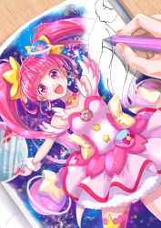 Rule 34 | 1girl, absurdres, book, breasts, choker, cure star, drawing, dress, dual persona, earrings, fur cuffs, hair ornament, heart pouch, highres, hoop earrings, hoshina hikaru, in orbit, jewelry, long hair, magical girl, mirror, open mouth, pink choker, pink dress, pink eyes, pink hair, pink thighhighs, planet hair ornament, precure, single thighhigh, small breasts, smile, space, star (symbol), star choker, star color pen, star hair ornament, star twinkle precure, thighhighs, twintails, very long hair, waka (negronoir)