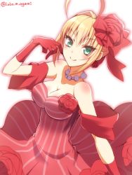 Rule 34 | 10s, 1girl, ahoge, blonde hair, breasts, cleavage, dress, fate/extra, fate (series), flower, gloves, green eyes, hair flower, hair ornament, nero claudius (fate), nero claudius (fate) (all), nero claudius (fate/extra), official alternate costume, ookami maito, red dress, solo
