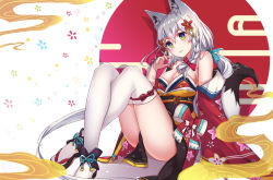 Rule 34 | 1girl, alternate costume, animal ear fluff, animal ears, aoman de cangshu, bare shoulders, blue eyes, bow, braid, breasts, cleavage, closed mouth, floral print, flower, fox ears, green eyes, hair flower, hair ornament, hand up, highres, hololive, knees up, large breasts, long hair, looking at viewer, off shoulder, pentagram, red bow, red ribbon, ribbon, shirakami fubuki, sitting, solo, star (symbol), tail, thighhighs, thighs, virtual youtuber, white hair, white thighhighs
