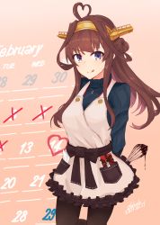 Rule 34 | 1girl, ahoge, alakoala, alternate costume, arms behind back, artist name, black pantyhose, black sweater, blush, box, brown hair, chocolate, dated, double bun, gift, gift box, hair bun, hairband, headgear, heart, heart ahoge, highres, jewelry, kantai collection, kongou (kancolle), long hair, long sleeves, necklace, pantyhose, purple eyes, smile, solo, sweater, tongue, tongue out