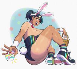 Rule 34 | 1girl, :d, absurdres, animal ears, artist name, ass, bare shoulders, basket, black footwear, black hair, black leotard, black socks, bow, bowtie, breasts, brown eyes, commentary, dark-skinned female, dark skin, detached collar, easter egg, egg, english commentary, fake animal ears, fake tail, full body, headband, highres, holding, holding basket, leotard, looking at viewer, medium breasts, multicolored hair, muscular, muscular female, open mouth, original, playboy bunny, ponytail, rabbit ears, rabbit tail, shoes, sitting, smile, sneakers, socks, solo, strapless, strapless leotard, sweat, tail, tan, tanline, teeth, the jieb, traditional bowtie, upper teeth only, white headband, wrist cuffs, yeet-chan (the jieb)
