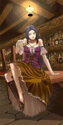 Rule 34 | 1girl, alcohol, arm support, bar (place), bare shoulders, barefoot, barmaid, beer, blue eyes, blue hair, boots, breasts, cleavage, corset, dragon quest, dragon quest ix, large breasts, legs, crossed legs, level-5, long hair, matching hair/eyes, ruida, sakamoto kengo, shoes, single shoe, sitting, smile, solo