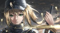 Rule 34 | 1girl, ahoge, artoria pendragon (all), artoria pendragon (fate), character name, excalibur (fate/stay night), fate/grand order, fate (series), green eyes, hat, highres, holding, holding sword, holding weapon, long hair, looking at viewer, mysterious heroine x (fate), portrait, saber (fate), solo, sword, ten no hoshi, weapon