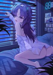 Rule 34 | 1girl, absurdres, ass, bare shoulders, barefoot, bed, blue archive, bottomless, breasts, halo, highres, indoors, ko otori127, long hair, long sleeves, looking at viewer, looking back, medium breasts, naked shirt, night, night sky, off shoulder, on bed, open clothes, open mouth, open shirt, parted bangs, pillow, purple eyes, purple hair, shirt, sitting, sky, solo, two side up, wariza, white shirt, window, window blinds, yuuka (blue archive)