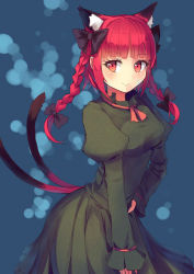 Rule 34 | 1girl, animal ears, black bow, blue background, blush, bow, braid, cat ears, cat tail, cowboy shot, culter, dress, extra ears, eyelashes, green dress, hair bow, hair ribbon, hand on own hip, kaenbyou rin, long hair, long sleeves, multiple tails, red eyes, red hair, red ribbon, ribbon, simple background, smile, solo, tail, touhou, twin braids