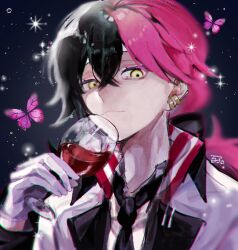 Rule 34 | 1boy, akuma shitsuji to kuroi neko, black hair, black jacket, black necktie, bug, butterfly, closed mouth, collared jacket, collared shirt, cup, drinking glass, earrings, formal, gloves, holding, holding cup, hyakuko, insect, jacket, jewelry, long hair, low ponytail, lucas thompscie, male focus, multicolored hair, multiple earrings, necktie, pink butterfly, pink hair, red wine, shirt, signature, solo, sparkle background, split-color hair, white gloves, white jacket, white shirt, wine glass, yellow eyes