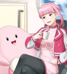 Rule 34 | 1girl, :d, black pantyhose, blunt bangs, chansey, covered collarbone, creatures (company), crossed legs, cup, day, dress, earclip, earrings, game freak, gen 1 pokemon, grey eyes, hand in pocket, handle, higashi (pixiv 17706769), holding, holding cup, indoors, jacket, jewelry, looking down, mollie (pokemon), mug, nintendo, open clothes, open jacket, open mouth, pantyhose, pink dress, pink hair, pokemon, pokemon (anime), pokemon (creature), pokemon horizons, smile, steam, window