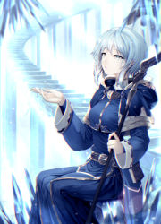 Rule 34 | 1girl, aqua eyes, aqua hair, arm up, bad id, bad pixiv id, belt, blue dress, blurry, breasts, cane, dress, expressionless, eyelashes, hair between eyes, holding, hood, hooded jacket, ice, jacket, limeblock, long sleeves, looking away, looking up, open mouth, original, short hair, sitting, snow, snowing, solo, stairs, wide sleeves, winter