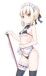 Rule 34 | 1girl, apron, apron lift, artoria pendragon (alter swimsuit rider) (fate), artoria pendragon (alter swimsuit rider) (second ascension) (fate), artoria pendragon (fate), bikini, black bikini, black bow, black thighhighs, blonde hair, blush, bow, braid, breasts, bridal garter, brown eyes, cameltoe, closed mouth, clothes lift, covered erect nipples, cowboy shot, fate/grand order, fate (series), fingernails, frilled apron, frills, hair bow, hair bun, hand up, hatsunatsu, lifted by self, maid headdress, medium breasts, ribbon trim, sidelocks, simple background, single hair bun, solo, swimsuit, thighhighs, v-shaped eyebrows, waist apron, watermark, web address, white apron, white background