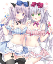 Rule 34 | 2girls, absurdres, animal ears, apron, bare shoulders, blush, breasts, cat ears, cat girl, cat tail, cleavage, green eyes, grey hair, hair ornament, highres, holding, holding wand, korie riko, large breasts, long hair, looking at viewer, maid, maid apron, maid headdress, miniskirt, multiple girls, navel, open mouth, original, purple eyes, purple hair, revealing clothes, ribbon, simple background, skirt, tail, thighhighs, waist apron, wand, wrist cuffs, zettai ryouiki