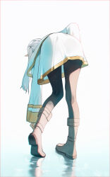 Rule 34 | 1girl, absurdres, adjusting footwear, bent over, black pantyhose, brown footwear, capelet, commentary request, dress, elf, frieren, from behind, gold trim, highres, long hair, long sleeves, lufi ays, pantyhose, pointy ears, solo, sousou no frieren, standing, standing on liquid, waves, white capelet, white dress, white hair