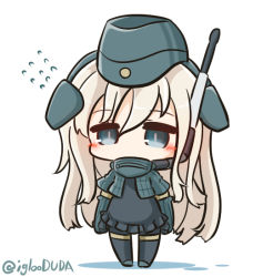 Rule 34 | 1girl, asimo953, blue eyes, blush, chibi, commentary request, cropped jacket, flying sweatdrops, garrison cap, hair between eyes, hat, headgear, kantai collection, long hair, long sleeves, looking at viewer, military, military uniform, pantyhose, puffy long sleeves, puffy sleeves, school swimsuit, simple background, solo, standing, swimsuit, swimsuit under clothes, u-511 (kancolle), uniform, white background, white hair