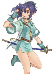 Rule 34 | 1girl, arm up, bad id, bad twitter id, between breasts, blue eyes, blue hair, boots, breasts, dress, fingerless gloves, fir (fire emblem), fire emblem, fire emblem: the binding blade, gloves, hair ribbon, highres, jacket, katana, leg up, looking back, medium breasts, nintendo, open mouth, ponytail, ribbon, scabbard, sheath, sheathed, short dress, short hair, simple background, solo, strap between breasts, sword, thighs, tnmrdgr, weapon, white background