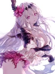 Rule 34 | 1girl, armor, bare shoulders, black gloves, breasts, cleavage, collarbone, commentary request, cowboy shot, dark jeanne, diadem, dress, eyelashes, feather hair ornament, feathers, fingernails, flower, gauntlets, gloves, granblue fantasy, hair between eyes, hair flower, hair ornament, hairband, highres, jeanne d&#039;arc (granblue fantasy), large breasts, lily (flower), long fingernails, long hair, looking at viewer, michudx, nail polish, no panties, parted lips, pauldrons, pink hair, pink nails, short dress, shoulder armor, sidelocks, simple background, single glove, sleeveless, sleeveless dress, solo, standing, vambraces, very long hair, white background, white dress