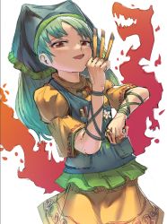 Rule 34 | 1girl, apron, between fingers, blush, breasts, brown eyes, cowboy shot, dress, green apron, green hair, green headwear, hakonnbo, haniyasushin keiki, head scarf, holding, jewelry, long hair, looking at viewer, magatama, magatama necklace, necklace, open mouth, single strap, small breasts, smile, solo, tools, touhou, white background, wily beast and weakest creature, yellow dress