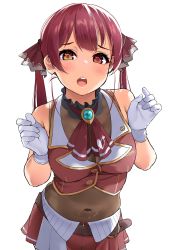 Rule 34 | 1girl, bare shoulders, belt, blush, bodystocking, breasts, brown belt, cleavage, cowboy shot, gloves, hands up, heart, heart-shaped pupils, heterochromia, highres, hololive, houshou marine, igarashi kyouhei, large breasts, looking at viewer, miniskirt, navel, open mouth, red eyes, red hair, red skirt, red vest, see-through, see-through cleavage, simple background, skirt, solo, symbol-shaped pupils, teeth, twintails, upper teeth only, vest, virtual youtuber, white background, white gloves, yellow eyes