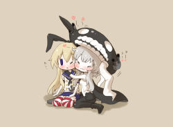 Rule 34 | 10s, 2girls, :3, ;&lt;, abyssal ship, anchor, arinu, blonde hair, blue eyes, blush, brown background, cape, cheek-to-cheek, chibi, closed eyes, elbow gloves, gloves, grey hair, hair between eyes, hair ribbon, headgear, heads together, heart, hug, jitome, kantai collection, long hair, miniskirt, monster girl, multiple girls, personification, ribbon, sailor collar, school uniform, serafuku, shimakaze (kancolle), sidelocks, simple background, sitting, skirt, sleeveless, smile, striped clothes, striped legwear, striped thighhighs, teeth, tentacles, thighhighs, translated, triangle mouth, turret, wariza, wo-class aircraft carrier