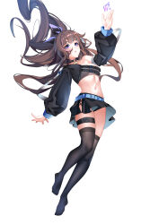 Rule 34 | 1girl, absurdres, arm up, black skirt, black thighhighs, breasts, brown eyes, brown hair, character request, cleavage, crop top, floating hair, full body, highres, long hair, long sleeves, looking up, medium breasts, midriff, miniskirt, navel, open mouth, pleated skirt, shitsurakuen (paradise lost), shrug (clothing), simple background, skirt, solo, standing, stomach, thighhighs, very long hair, virtual youtuber, white background