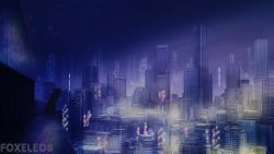 Rule 34 | 1other, artist name, building, city, city lights, cityscape, commentary, english commentary, foxeleos, highres, night, original, outdoors, scenery, sitting, skyscraper, solo, watermark