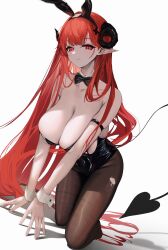 Rule 34 | 1girl, absurdres, animal ears, arm strap, azur lane, bare shoulders, black horns, black leotard, blush, breasts, curled horns, daiiichukiii, detached collar, fake animal ears, hair ornament, highres, hindenburg (azur lane), hindenburg (delirious duel) (azur lane), horns, large breasts, leotard, long hair, looking at viewer, official alternate costume, pantyhose, playboy bunny, pointy ears, rabbit ears, red eyes, red hair, strapless