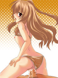 Rule 34 | 00s, 1girl, aisaka taiga, anus, ass, blush, bra, brown eyes, brown hair, censored, clothes lift, clothing aside, covered erect nipples, cum, cum in pussy, flat chest, highres, kuronyan, lingerie, long hair, looking back, midriff, nipples, panties, panties aside, penis, petite, pussy, sex, shirt lift, solo focus, straddling, striped bra, striped clothes, striped panties, tears, toradora!, underwear, underwear only, vaginal