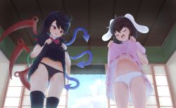 Rule 34 | 2girls, ahoge, animal ears, asymmetrical wings, black dress, black hair, black panties, black thighhighs, blue sky, blue wings, blush, bow, bowtie, ceiling, closed eyes, clothes lift, cloud, commentary request, commission, cowboy shot, dress, dress lift, floppy ears, from below, highres, hot, houjuu nue, inaba tewi, indoors, lifted by self, medium bangs, medium hair, multiple girls, open mouth, panties, pink dress, puffy short sleeves, puffy sleeves, rabbit ears, rabbit girl, red bow, red bowtie, red wings, ribbon-trimmed dress, sagen, short dress, short hair, short sleeves, shouji, skeb commission, sky, sliding doors, smile, snake, standing, sweat, thighhighs, touhou, underwear, white panties, wings