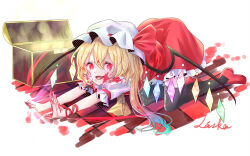 Rule 34 | 1girl, artist name, ascot, black thighhighs, blood, blood on clothes, blood on face, blood on hands, flandre scarlet, frilled skirt, frilled sleeves, frills, full body, glowing, glowing wings, hat, laska (artist), looking at viewer, mob cap, multicolored wings, nail polish, open mouth, puffy short sleeves, puffy sleeves, red eyes, red footwear, red nails, red ribbon, red skirt, red vest, ribbon, ribbon-trimmed headwear, ribbon trim, shirt, short sleeves, simple background, skirt, sleeve ribbon, solo, thighhighs, touhou, vest, white background, white hat, white shirt, wings, wrist ribbon, yellow ascot