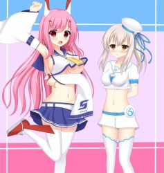 Rule 34 | 2girls, arm up, armpits, ayanami (azur lane), ayanami (azur lane) (cosplay), azur lane, belt, belt buckle, blue belt, blue ribbon, blue skirt, breasts, brown eyes, buckle, cleavage, collarbone, commentary request, cosplay, costume switch, crop top, crop top overhang, crossover, detached sleeves, fingernails, hair between eyes, hair ornament, hat, headgear, highres, large breasts, light brown hair, long hair, long sleeves, medium breasts, midriff, multiple girls, navel, pink hair, pleated skirt, puffy short sleeves, puffy sleeves, rasis, rasis (cosplay), red eyes, red footwear, ribbon, shirt, shoes, short shorts, short sleeves, shorts, side ponytail, sideboob, sidelocks, skirt, sleeveless, sleeveless shirt, sound voltex, standing, standing on one leg, thighhighs, underboob, urarara (shlsz 22728), very long hair, white belt, white hat, white shirt, white shorts, white thighhighs, wide sleeves, yellow neckwear