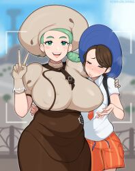 Rule 34 | 2girls, afrobull, age difference, alternate breast size, apron, ascot, belly, blush, braid, breasts, brown ascot, brown hair, brown skirt, buttons, collared shirt, covered erect nipples, creatures (company), curvy, game freak, gloves, green eyes, green hair, hat, height difference, highres, huge breasts, juliana (pokemon), katy (pokemon), light green hair, long hair, mature female, mole, mole on cheek, multiple girls, naranja academy school uniform, necktie, nintendo, open mouth, plump, pokemon, pokemon sv, puffy short sleeves, puffy sleeves, school uniform, shirt, short sleeves, side ponytail, skirt, smile, yuri