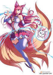 Rule 34 | 1girl, ahri (league of legends), animal ears, breasts, familiar, fox ears, fox tail, full body, highres, large breasts, league of legends, magical girl, multiple tails, pink hair, purple eyes, star guardian (league of legends), star guardian ahri, tail, thighhighs, torahime (roland00), white background, white thighhighs, zettai ryouiki