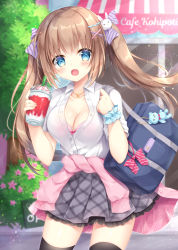 Rule 34 | 1girl, :d, bag, bag charm, black thighhighs, blue eyes, blue scrunchie, blurry, blurry background, blush, bow, bow bra, bra, breasts, brown hair, cardigan, cardigan around waist, censored, charm (object), cleavage, clothes around waist, collarbone, collared shirt, commentary request, cup, day, depth of field, diagonal stripes, disposable cup, dress shirt, drinking straw, grey skirt, hair between eyes, hair bow, hair ornament, hairclip, hands up, holding strap, kohinata hoshimi, long hair, looking at viewer, medium breasts, open mouth, original, outdoors, pink bra, pink cardigan, pleated skirt, purple bow, rabbit hair ornament, school bag, school uniform, scrunchie, shirt, short sleeves, sign, skirt, smile, solo, standing, striped, striped bow, thighhighs, twintails, underwear, very long hair, white shirt, wrist scrunchie, x hair ornament