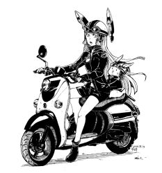 Rule 34 | 1girl, 2016, :o, admiral (kancolle), alternate costume, artist name, black footwear, black gloves, black jacket, black shorts, dated, gloves, goggles, goggles on headwear, greyscale, headgear, helmet, jacket, kantai collection, long hair, looking at another, monochrome, motor vehicle, motorcycle, murakumo (kancolle), non-human admiral (kancolle), partially fingerless gloves, rabbit, scooter, shorts, simple background, uzaki (jiro), very long hair, white background