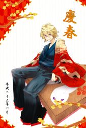 Rule 34 | 10s, 1boy, blonde hair, highres, ivan karelin, japanese clothes, kimono, leaf, male focus, maple leaf, new year, potepote f, purple eyes, snake, solo, tiger &amp; bunny