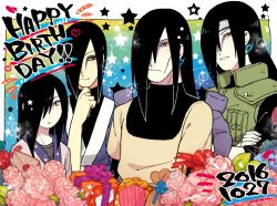 Rule 34 | 4boys, :o, aged down, aged up, black hair, border, boruto: naruto next generations, child, closed mouth, earrings, facepaint, flower, forehead protector, gift, grin, happy birthday, japanese clothes, jewelry, kimono, long hair, long sleeves, multiple boys, multiple persona, naruto, naruto (series), naruto shippuuden, ninja, open mouth, orochimaru (naruto), pale skin, pink flower, pink rose, rose, smile, teeth, time paradox, vest, yazaki (yazakc), yellow eyes
