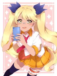 Rule 34 | &gt;:d, 1girl, :d, blonde hair, blouse, blue bow, blue thighhighs, blush, bow, bridal garter, cellphone, glasses, hair bow, holding, holding phone, long hair, looking at viewer, necktie, open mouth, orange skirt, parted lips, phone, pink background, pink necktie, pleated skirt, retoree (show by rock!!), sekina, shirt, show by rock!!, skirt, smartphone, smile, solo, standing, thighhighs, twintails, v-shaped eyebrows, very long hair, white shirt, yellow eyes