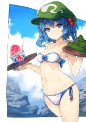 Rule 34 | 1girl, bad id, bad pixiv id, bandeau, bare shoulders, bikini, blue eyes, blue hair, blue sky, breasts, cleavage, closed mouth, cloud, cloudy sky, cucumber, day, food, glasses, hair bobbles, hair ornament, hat, highres, kawashiro nitori, looking at viewer, matching hair/eyes, medium breasts, navel, shaved ice, side-tie bikini bottom, sky, smile, solo, standing, stomach, strapless, strapless bikini, suminagashi, swimsuit, thighs, touhou, tray, two side up, white bikini