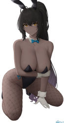 Rule 34 | 1girl, absurdres, animal ears, bare shoulders, black hair, black leotard, blue archive, blush, bow, bowtie, breasts, cleavage, dark-skinned female, dark skin, detached collar, fake animal ears, fishnet pantyhose, fishnets, gloves, highleg, highleg leotard, highres, karin (blue archive), karin (bunny) (blue archive), kneeling, large breasts, leotard, long hair, looking at viewer, mixed-language commentary, pantyhose, playboy bunny, ponytail, rabbit ears, sidelocks, thighs, traditional bowtie, white gloves, yellow eyes, zaphn